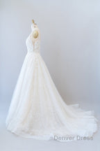 Long A-line V-neck Open Back Appliques Lace Tulle Wedding Dresses