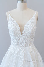 Long A-line V-neck Open Back Appliques Lace Tulle Wedding Dresses