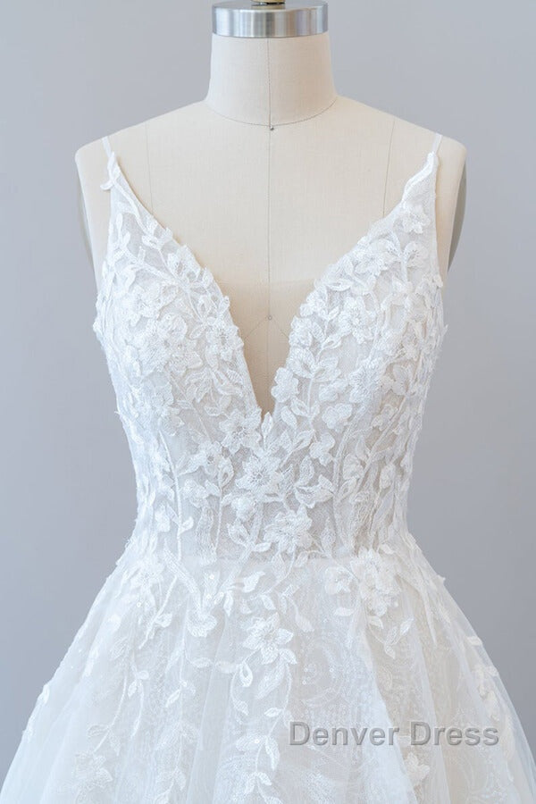 Long A-line V-neck Open Back Appliques Lace Tulle Wedding Dresses