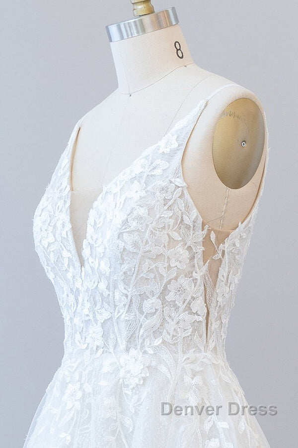 Long A-line V-neck Open Back Appliques Lace Tulle Wedding Dresses