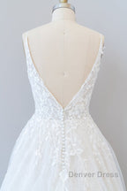 Long A-line V-neck Open Back Appliques Lace Tulle Wedding Dresses