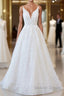 Long A-line V-neck Open Back Appliques Lace Tulle Wedding Dresses