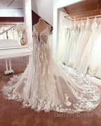 Long A Line V Neck Sleeveless Floral Lace Tulle Boho Wedding Dresses