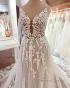 Long A Line V Neck Sleeveless Floral Lace Tulle Boho Wedding Dresses