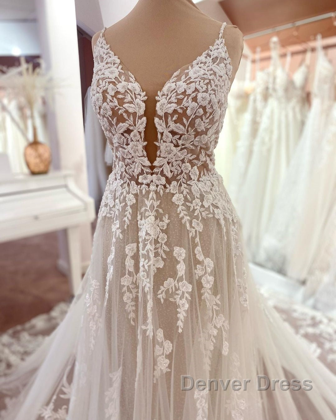 Long A Line V Neck Sleeveless Floral Lace Tulle Boho Wedding Dresses