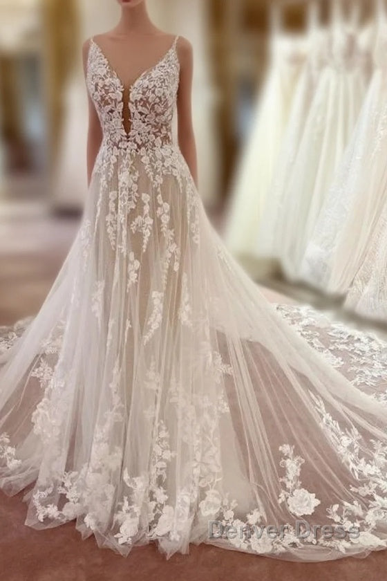 Long A Line V Neck Sleeveless Floral Lace Tulle Boho Wedding Dresses