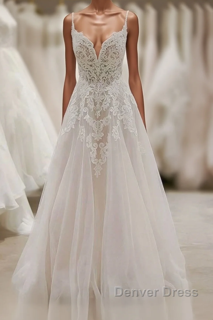 Long A-line V-neck Spaghetti Straps Appliques Tulle Wedding Dresses Main image