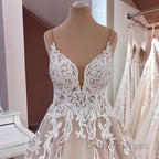 Long A-Line V-neck Spaghetti Straps Backless Appliques Lace Tulle Wedding Dresses