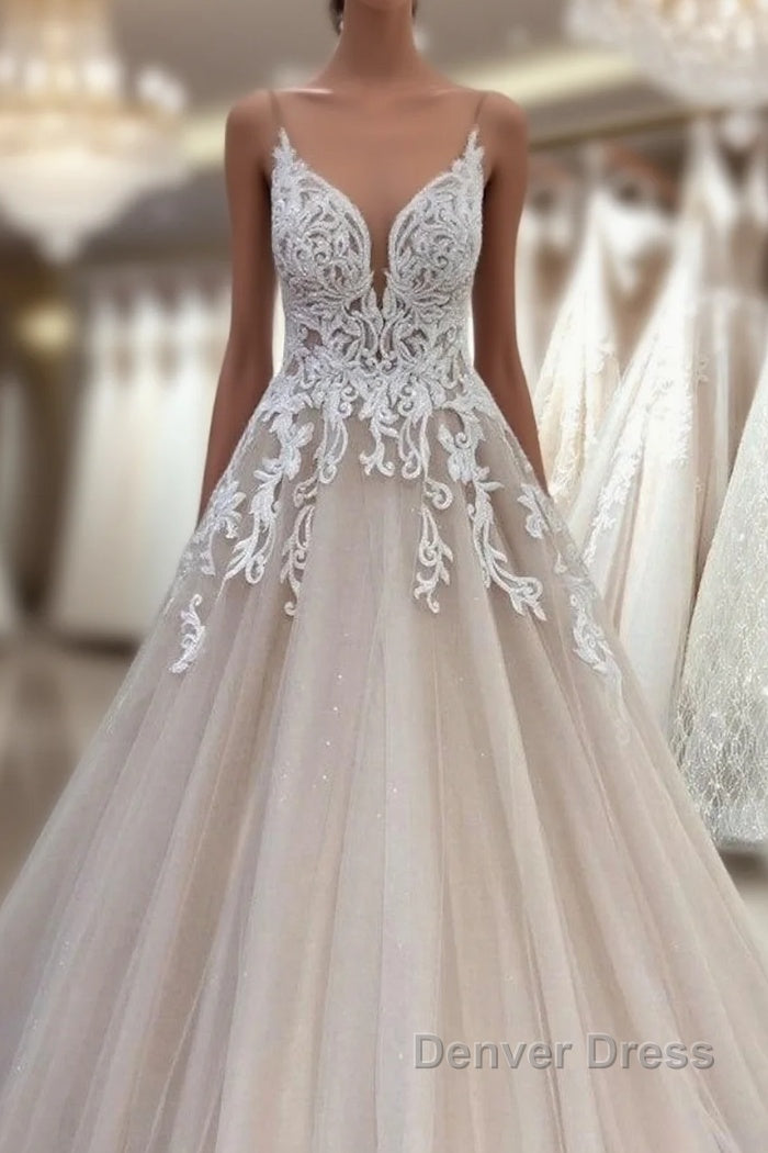 Long A-Line V-neck Spaghetti Straps Backless Appliques Lace Tulle Wedding Dresses Main image