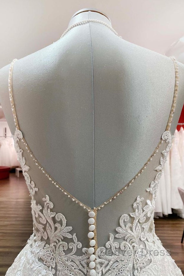 Long A Line V Neck Spaghetti Straps Backless Wedding Dresses with Lace