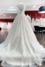 Long A Line V Neck Spaghetti Straps Tulle Lace Backless Wedding Dresses