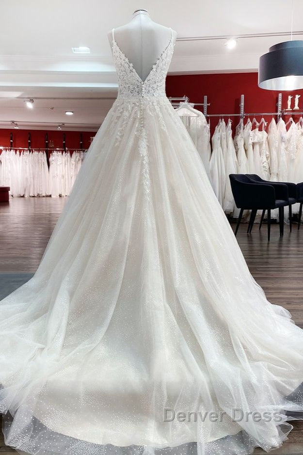 Long A Line V Neck Spaghetti Straps Tulle Lace Backless Wedding Dresses