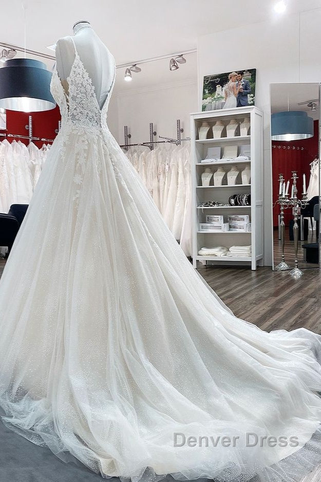 Long A Line V Neck Spaghetti Straps Tulle Lace Backless Wedding Dresses