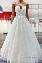 Long A-line V-neck Spaghetti Straps Tulle Lace Backless Wedding Dresses