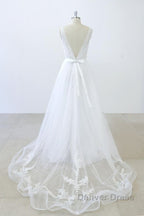 Long A-line V-neck Sweetheart Ruffle Applqiues Tulle Backless Wedding Dresses