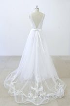 Long A Line V Neck Sweetheart Ruffle Applqiues Tulle Backless Wedding Dresses