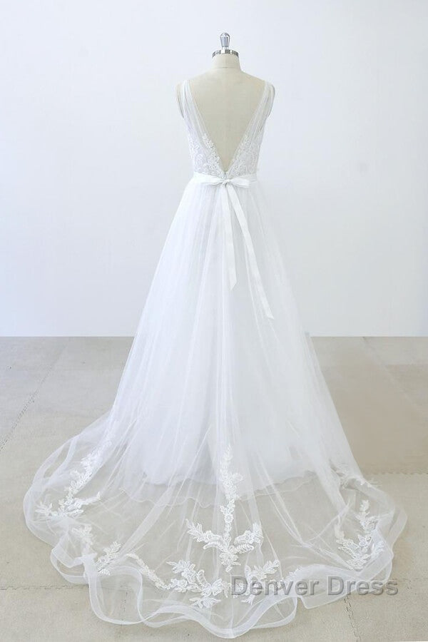 Long A Line V Neck Sweetheart Ruffle Applqiues Tulle Backless Wedding Dresses