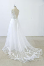 Long A-line V-neck Sweetheart Ruffle Applqiues Tulle Backless Wedding Dresses