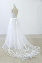 Long A Line V Neck Sweetheart Ruffle Applqiues Tulle Backless Wedding Dresses