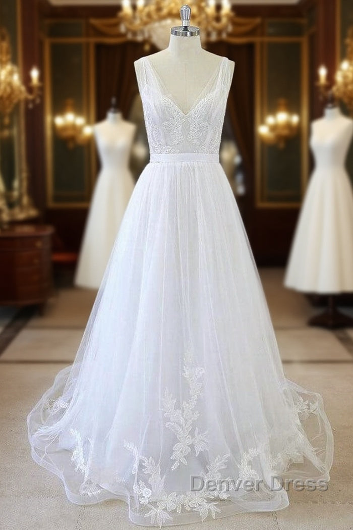 Long A-line V-neck Sweetheart Ruffle Applqiues Tulle Backless Wedding Dresses Main image