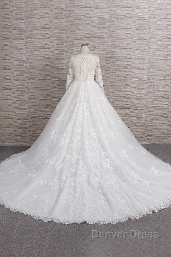 Long A Line V Neck Tulle Appliques Lace Wedding Dresses with Sleeves