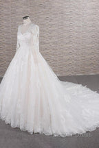 Long A-line V-neck Tulle Appliques Lace Wedding Dresses with Sleeves