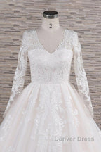 Long A Line V Neck Tulle Appliques Lace Wedding Dresses with Sleeves