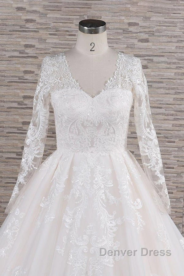 Long A Line V Neck Tulle Appliques Lace Wedding Dresses with Sleeves