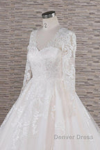 Long A-line V-neck Tulle Appliques Lace Wedding Dresses with Sleeves
