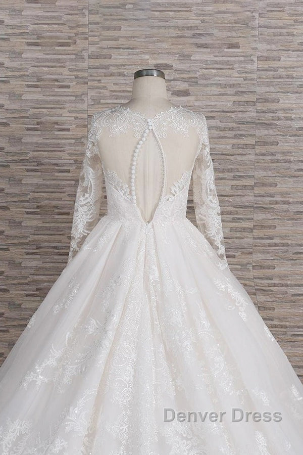 Long A-line V-neck Tulle Appliques Lace Wedding Dresses with Sleeves