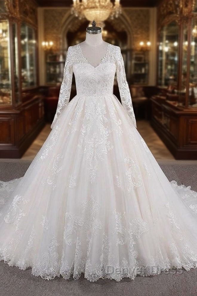 Long A-line V-neck Tulle Appliques Lace Wedding Dresses with Sleeves Main image