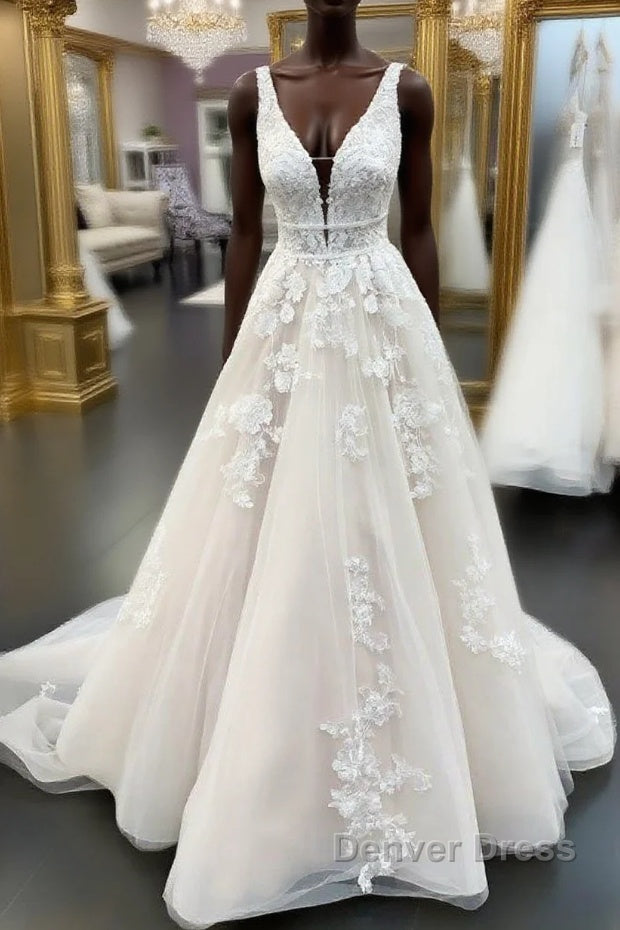 Long A-line V-neck Tulle Appliques Lace Wedding Dresses Main image