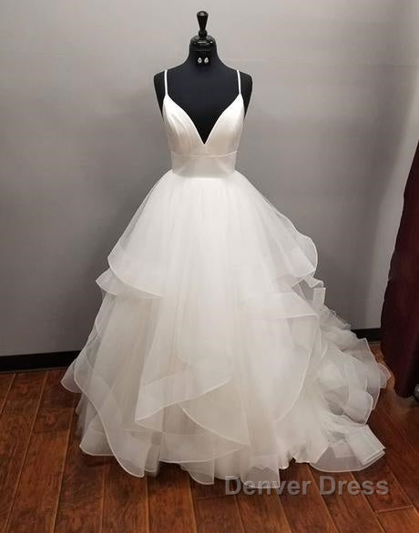 Long A-line V-neck Tulle Backless Wedding Dresses
