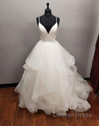 Long A Line V Neck Tulle Backless Wedding Dresses