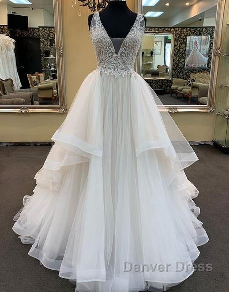 Long A-line V-neck Tulle Lace Wedding Dresses