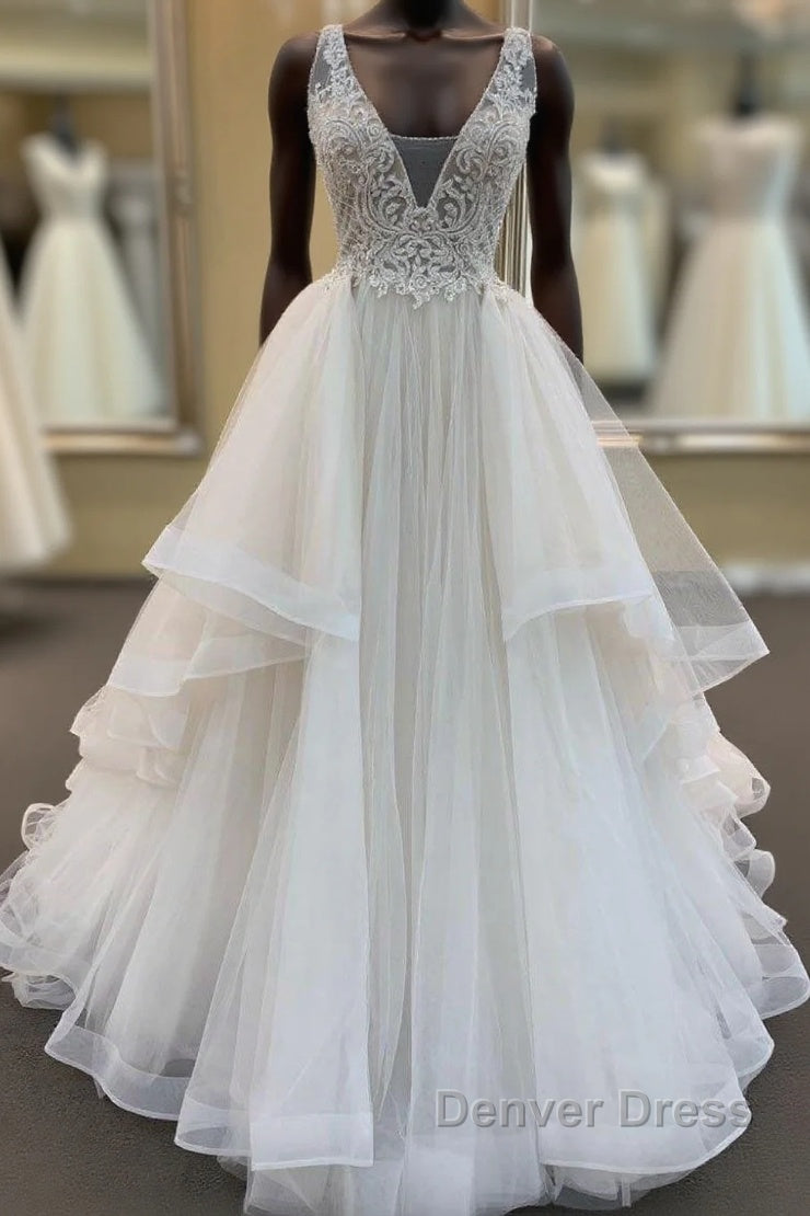 Long A-line V-neck Tulle Lace Wedding Dresses