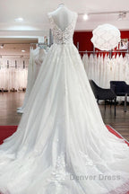 Long A Line V Neck Tulle Lace White Ruffles Wedding Dresses