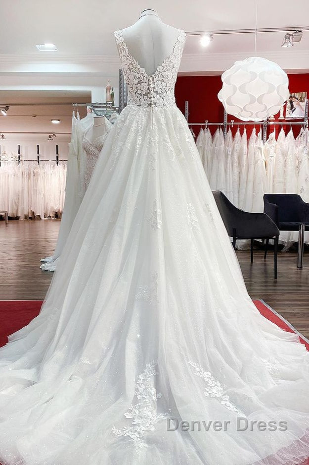 Long A Line V Neck Tulle Lace White Ruffles Wedding Dresses