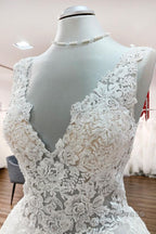 Long A Line V Neck Tulle Lace White Ruffles Wedding Dresses