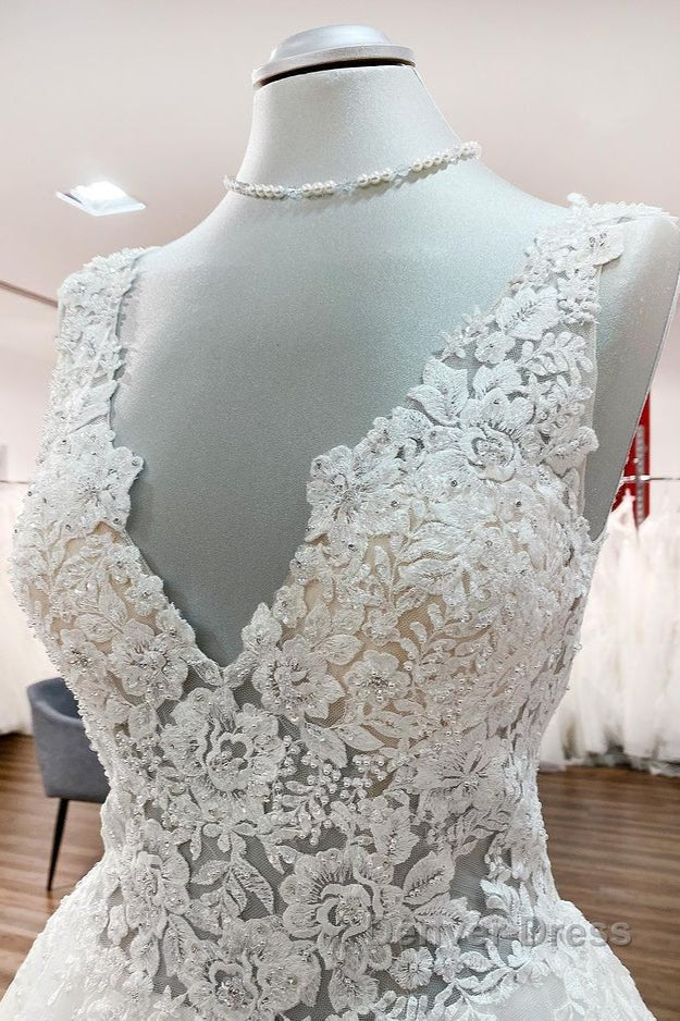 Long A Line V Neck Tulle Lace White Ruffles Wedding Dresses