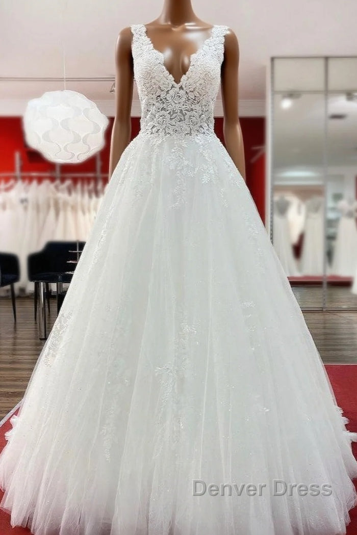 Long A Line V Neck Tulle Lace White Ruffles Wedding Dresses