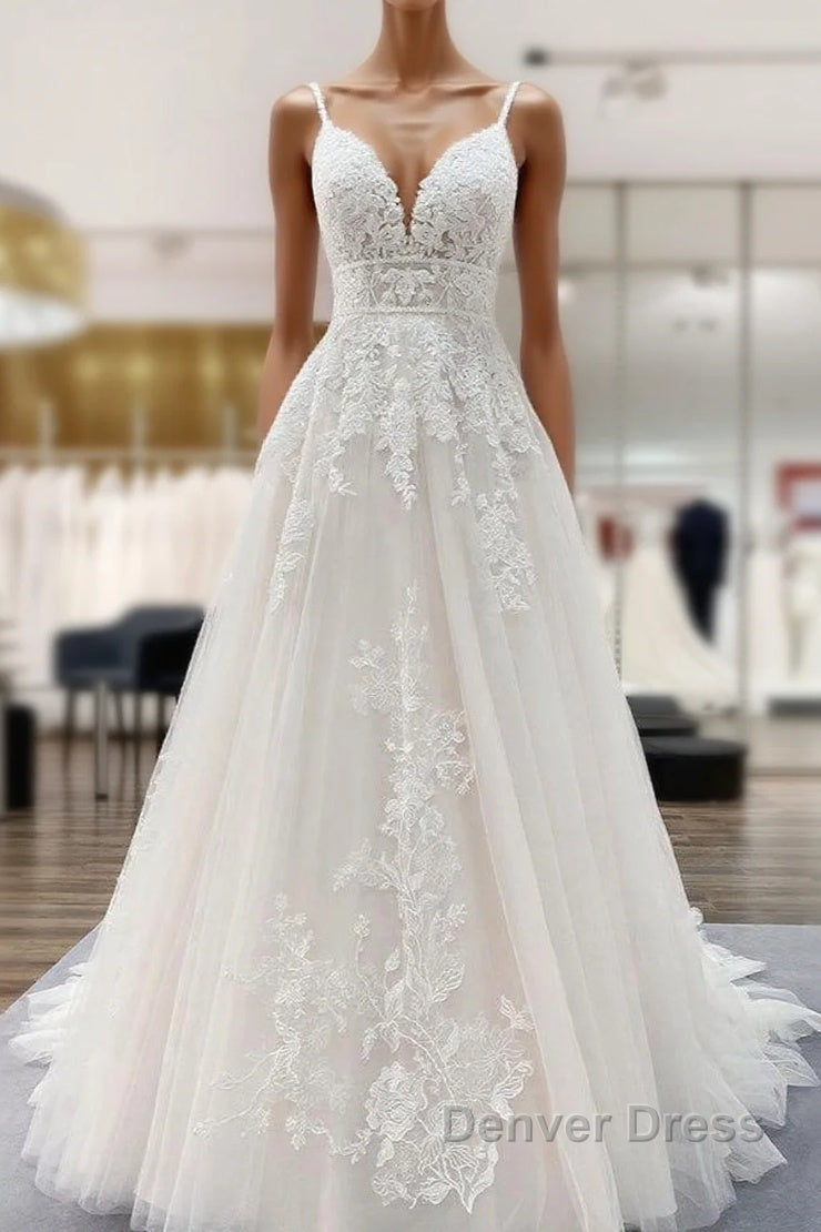 Long A-line V-neck Tulle Sleeveless Appliques Lace Backless Wedding Dresses Main image