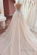 Long A Line V Neck Wide Straps Appliques Lace Tulle Wedding Dresses