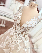 Long A-Line V-neck Wide Straps Backless Appliques Lace Tulle Wedding Dresses