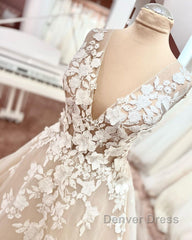 Long A-Line V-neck Wide Straps Backless Appliques Lace Tulle Wedding Dresses