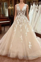 Long A-Line V-neck Wide Straps Backless Appliques Lace Tulle Wedding Dresses