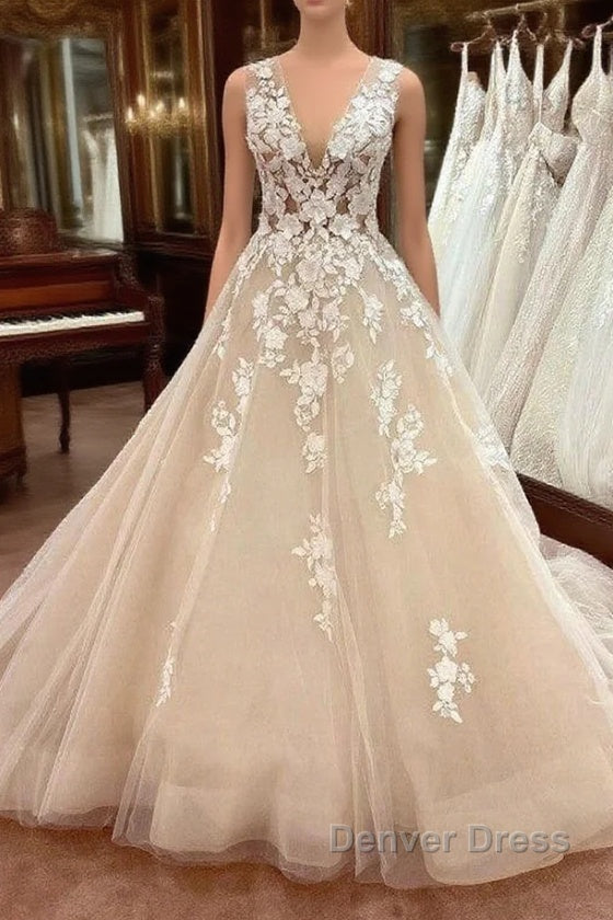 Long A-Line V-neck Wide Straps Backless Appliques Lace Tulle Wedding Dresses