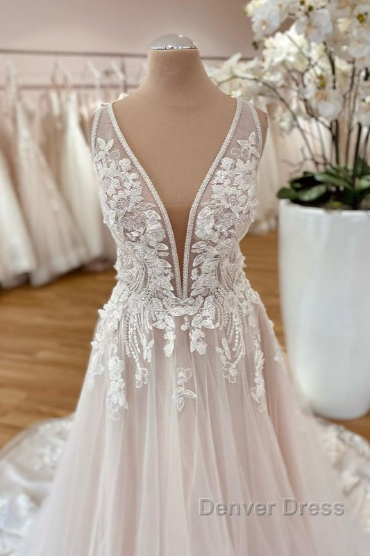 Long A-Line Wide Straps Tulle  Floral Lace Wedding Dresses