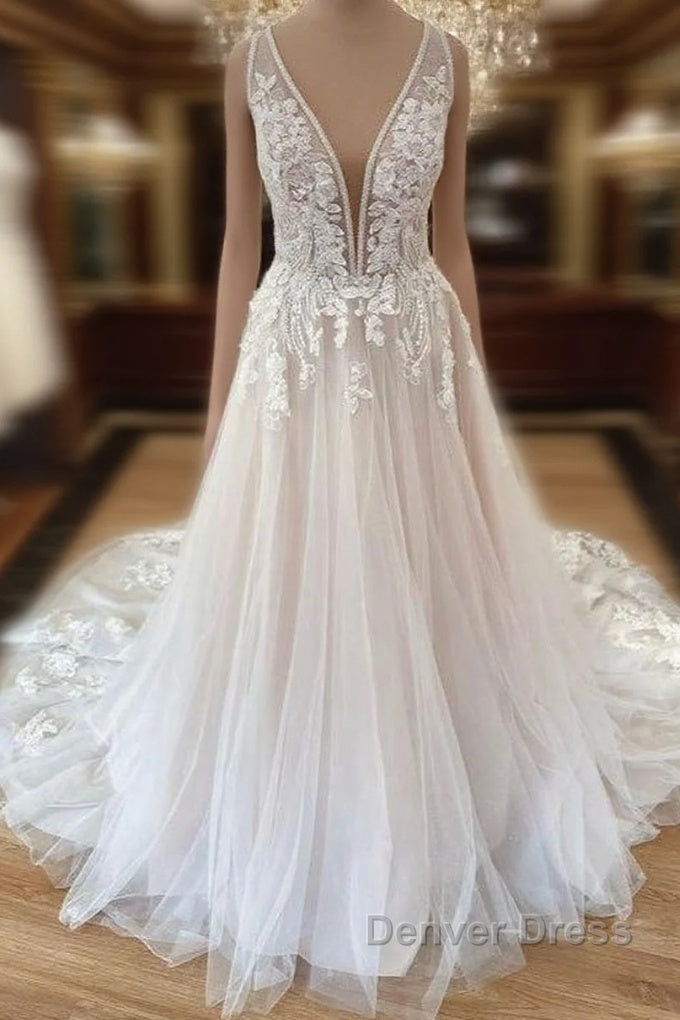 Long A-Line Wide Straps Tulle  Floral Lace Wedding Dresses Main image
