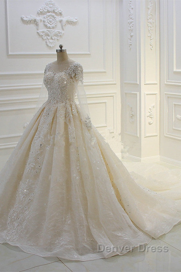 Long Ball Gowns Beading Bateau Appliques Lace Wedding Dresses with Sleeves